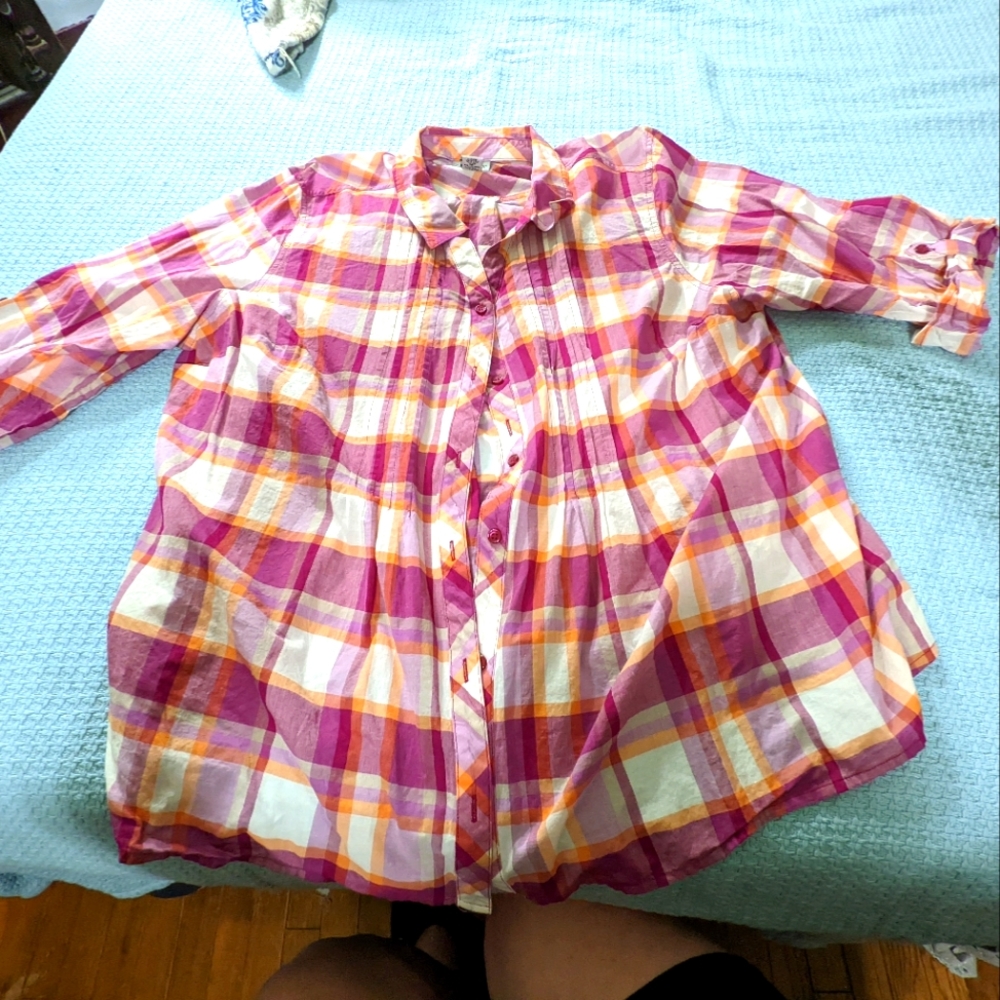 Lightweight pink and orange plaid button-down
